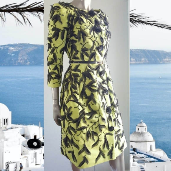 *$7,000 OSCAR DE LA RENTA EXQUISITE GREEN SILK BEAD LEAF RUNWAY COAT 4 - Picture 8 of 13